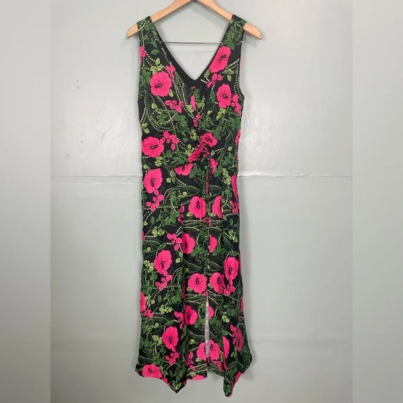Anthropologie Maeve Ruched Midi Dress Floral Black Pink Slit Women Sz 14 - Picture 3 of 10